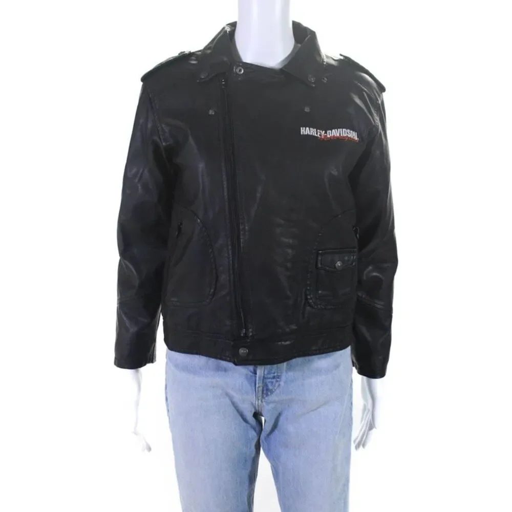 Harley Davidson Womens Leather Embroidered Motorcycle Jacket Black Size 12/14